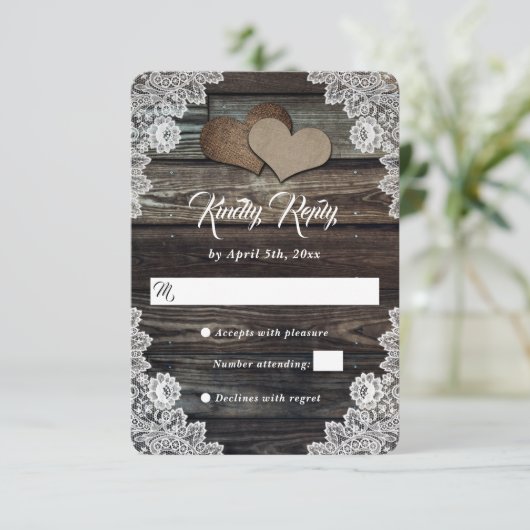 Cartons Réponse Rustic Grange Mariage de dentelle en bois Burlap C (Debout devant)