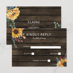 Cartons Réponse Rustic Grange Wood Country Sunflowers Mariage