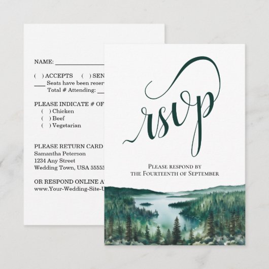 Cartons Réponse Rustic Lake Tahoe Elegant Script Wedding (Devant / Derrière)