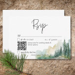 Cartons Réponse Rustic Mountain Lake Scene Aquarelle Code QR<br><div class="desc">Échappez à une retraite sereine en montagne avec votre carte de réponse mariage avec code QR. Ce design exquis présente un tableau d'aquarelle époustouflant d'une montagne majestueuse, ses pentes drapées de pins luxuriants, reflétant leur beauté dans les eaux cristallines en contrebas. Les tons naturels doux du bronzage, du vert, du...</div>