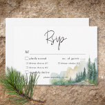 Cartons Réponse Rustic Mountain Lake Scène Dîner d'aquarelle<br><div class="desc">Echappez-vous à une retraite sereine en montagne avec votre carte de réponse mariage avec choix de dîner. Ce design exquis présente un tableau d'aquarelle époustouflant d'une montagne majestueuse, ses pentes drapées de pins luxuriants, reflétant leur beauté dans les eaux cristallines en contrebas. Les tons naturels doux du bronzage, du vert,...</div>
