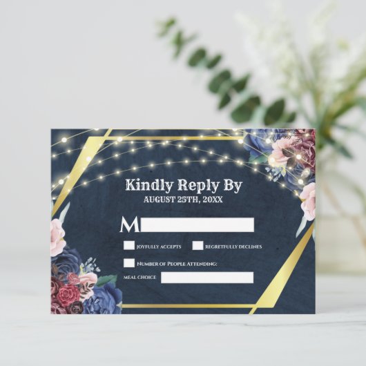 Cartons Réponse Rustic Navy Blue Gold String Mariage (Debout devant)