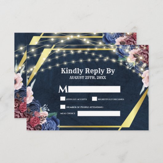 Cartons Réponse Rustic Navy Blue Gold String Mariage (Devant / Derrière)