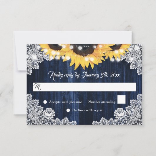Cartons Réponse Rustic Navy Blue Wood Lace Sunflower Wedding (Devant)