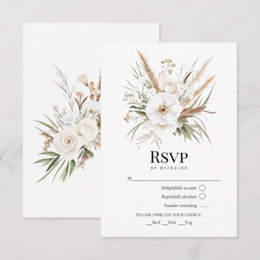 Cartons Réponse Rustic Pampas Grass White Floral Bohemian Wedding (Devant / Derrière)