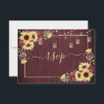 Cartons Réponse Rustic Sunflower Burgundy Wood Floral<br><div class="desc">Créez la faire-part de mariage parfaite RSVP avec ce tournesol chaud et tendance et d'aquarelle bordeaux design floral, avec un arrière - plan en bois bordeaux, lumières à cordes douces et typographie manuscrite. Il y a 2 versions sur cette RSVP cette fois-ci, celle-ci a une option de repas moderne incluse...</div>