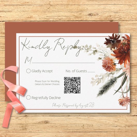 Cartons Réponse Rustic Terracotta Rust Flowers Mariage QR Code