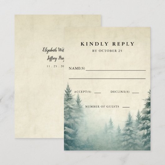 Cartons Réponse Rustic Watercolor Pine Forest Mariage d'hiver (Devant / Derrière)