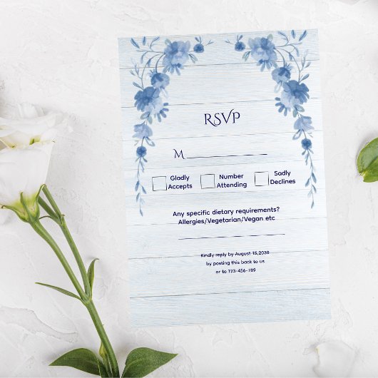Cartons Réponse Rustic Wood Blue Floral Elegant Wedding