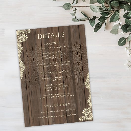 Cartons Réponse Rustic Wood Lace Wedding Details Enclosure Card