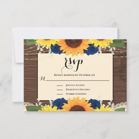 Cartons Réponse Rustic Wood Sunflower Marine Blue Roses Mariage RS (Devant)