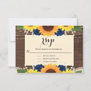 Cartons Réponse Rustic Wood Sunflower Marine Blue Roses Mariage RS