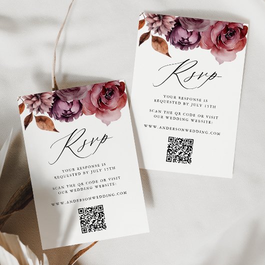 Cartons Réponse Rustique Automne Marsala Floral QR Code Mariage