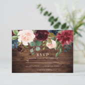 Cartons Réponse Rustique Bourgogne Rouge & Blush Floral Mariage (Debout devant)