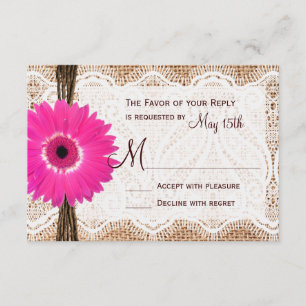 Cartons Réponse Rustique Burlap Dentelle Hot rose Daisy Mariage RS