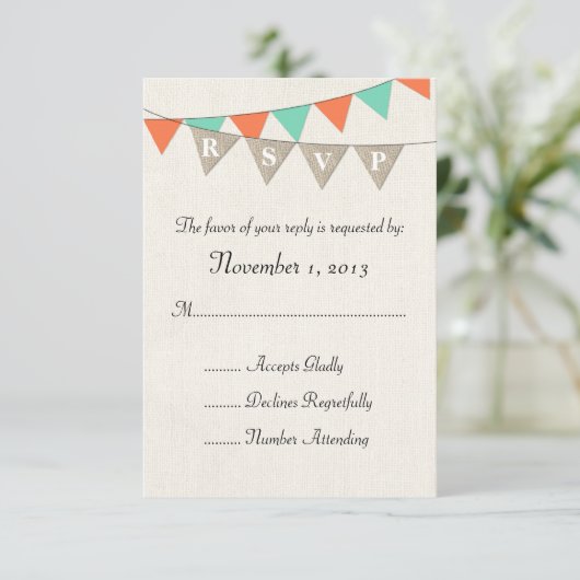 Cartons Réponse Rustique Burlap Turquoise Orange Pennant mariage R (Debout devant)