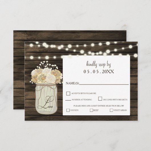 Cartons Réponse Rustique Country Mason Jar Daisy Grange Mariage en (Devant / Derrière)