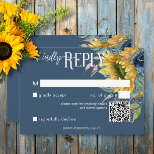 Cartons Réponse Rustique Dusty Blue Sunflower Mariage QR Code