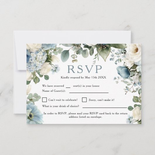 Cartons Réponse Rustique Elegant Bleu Hydrangea Mariage Rose ivoir (Devant)