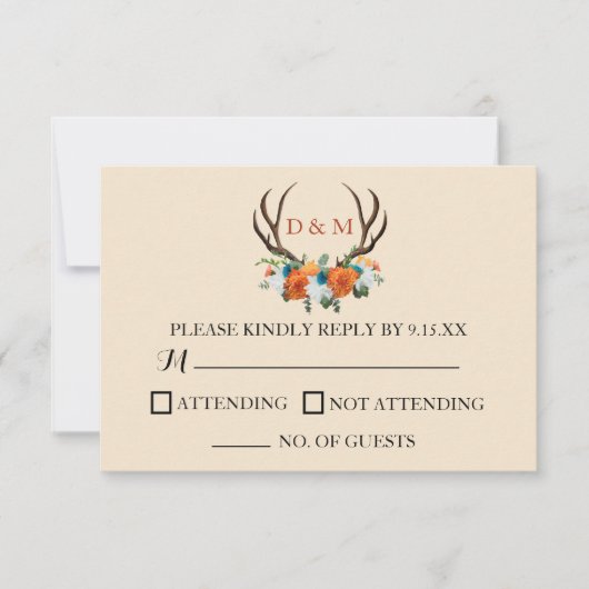 Cartons Réponse Rustique Floral Antlers BOHO Mariage (Devant)