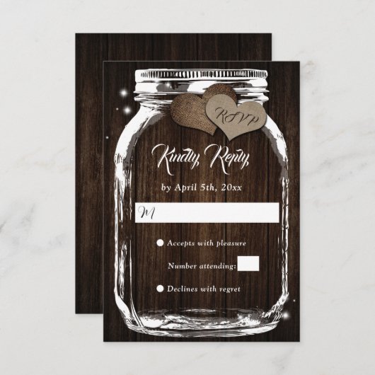 Cartons Réponse Rustique Grange Coeurs en bois Mason Jar Mariage R (Devant / Derrière)