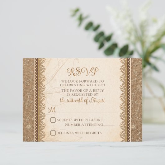 Cartons Réponse Rustique Mariage de dentelle Burlap (Debout devant)
