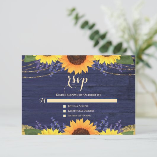 Cartons Réponse Rustique Marine Bleu Tournesol Lavande Mariage RSV (Debout devant)