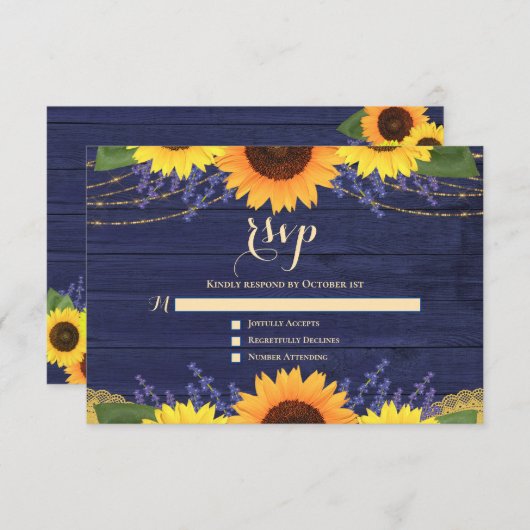 Cartons Réponse Rustique Marine Bleu Tournesol Lavande Mariage RSV (Devant / Derrière)