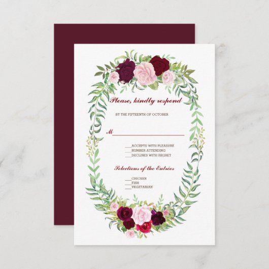 Cartons Réponse Rustique Marsala Floral Wreath Bourgogne Mariage R (Devant / Derrière)