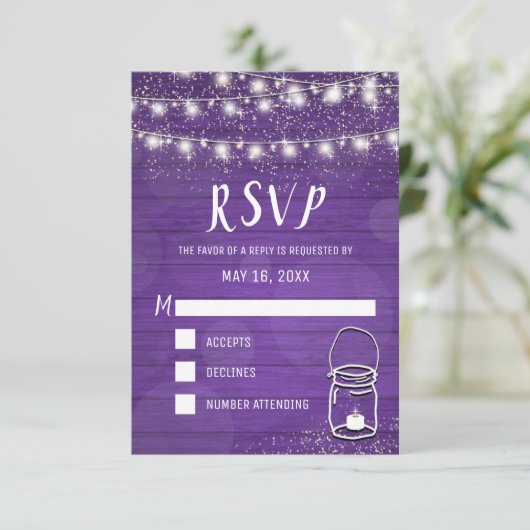 Cartons Réponse Rustique Mason Jar String éclat Violet Mariage RSV (Debout devant)