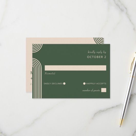 Cartons Réponse Rustique Neutre Vert Arché Mariage moderne (Devant/Arrière en situation)