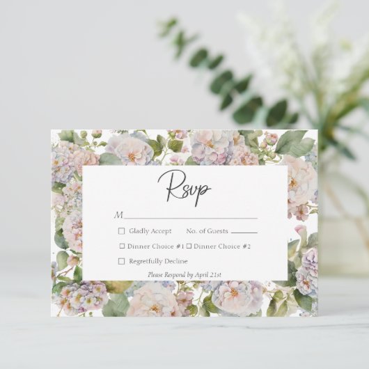 Cartons Réponse Rustique Pastel Hydrangea Floral Monogramme Blanc (Debout devant)