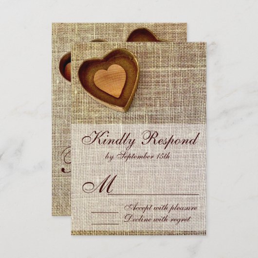 Cartons Réponse Rustique Pays Bois Burlap Coeur en bois Mariage RS (Devant / Derrière)
