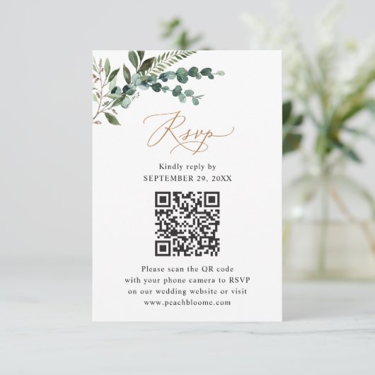 Cartons Réponse Rustique Sage QR Code Greenery Gold Mariage (Debout devant)