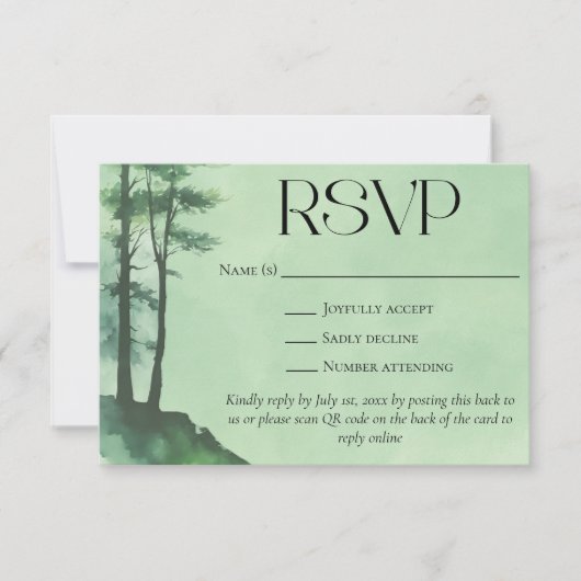 Cartons Réponse Rustique vert aquarelle Pine Trees QR Code Mariage (Devant)