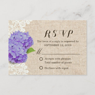 Cartons Réponse Rustique Violet Hydrangea dentelle & Burlap Weddin
