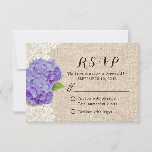 Cartons Réponse Rustique Violet Hydrangea dentelle & Burlap Weddin (Devant)