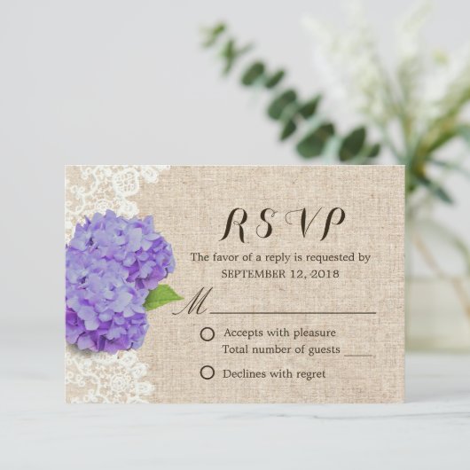Cartons Réponse Rustique Violet Hydrangea dentelle & Burlap Weddin (Debout devant)