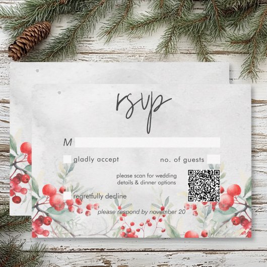 Cartons Réponse Rustique Winter Holly & Pine Mariage QR Code