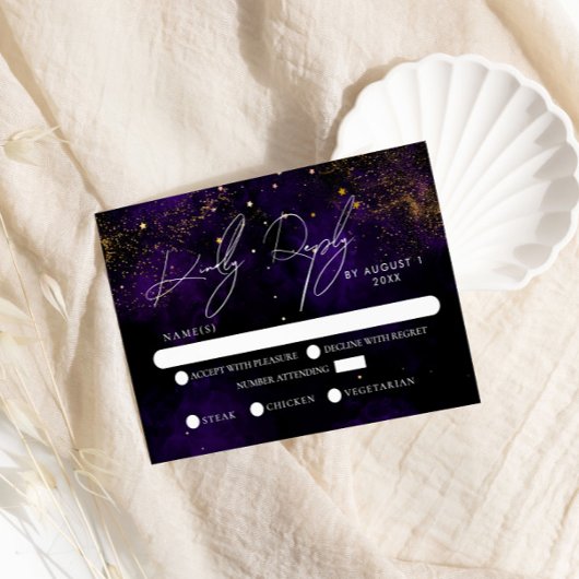 Cartons Réponse RVSP Aquarelle violet foncé Mariage d'or magique