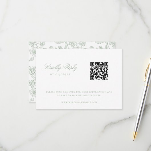 Cartons Réponse Sage Green Chinoiserie Mariage QR Code (Devant/Arrière en situation)