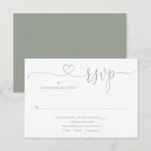 Cartons Réponse Sage Green Elégant Cœur Script (Devant / Derrière)