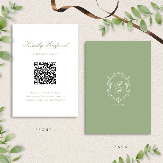 Cartons Réponse Sage Green Floral Monogram Crest Wedding QR Code