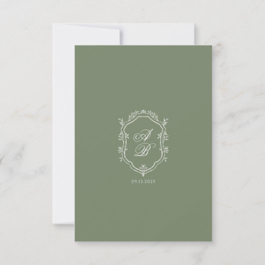 Cartons Réponse Sage Green Leaf Monogram Crest QR Code Mariage (Dos)
