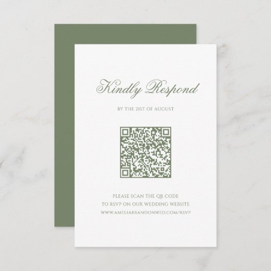 Cartons Réponse Sage Green Leaf Monogram Crest QR Code Mariage (Devant / Derrière)