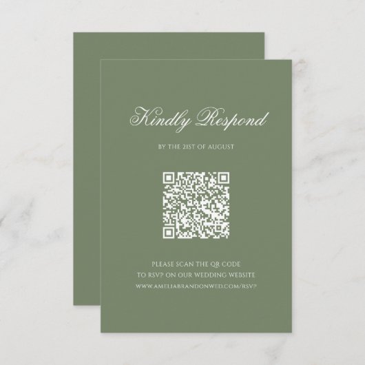 Cartons Réponse Sage Green Leaf Monogram Crest QR Code Mariage (Devant / Derrière)