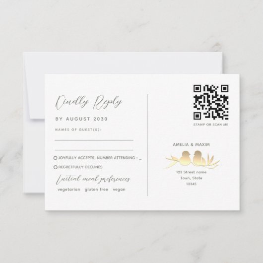 Cartons Réponse Sage Green Lovebirds Mariage QR (Devant)
