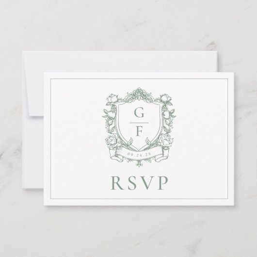 Cartons Réponse Sage Green Monogram Crest Rose Mariage (Devant)