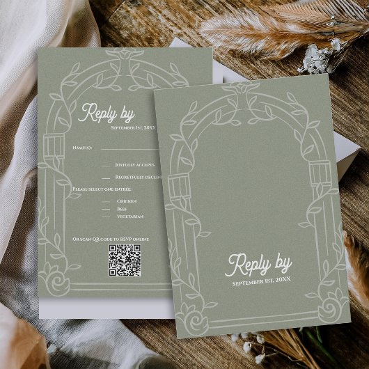Cartons Réponse Sage Green Ornate Arch Botanical Wedding Reply By