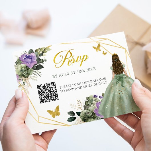 Cartons Réponse Sage Green Purple Princesse Quinceañera QR